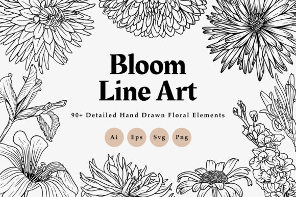 Bloom Line Art Bundle: Creative Possibilities with 90 Floral Line Art Elements
