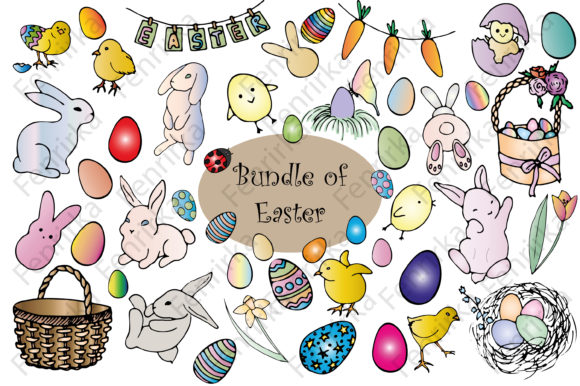 Large Bundle of Easter. Color Hand Drawn